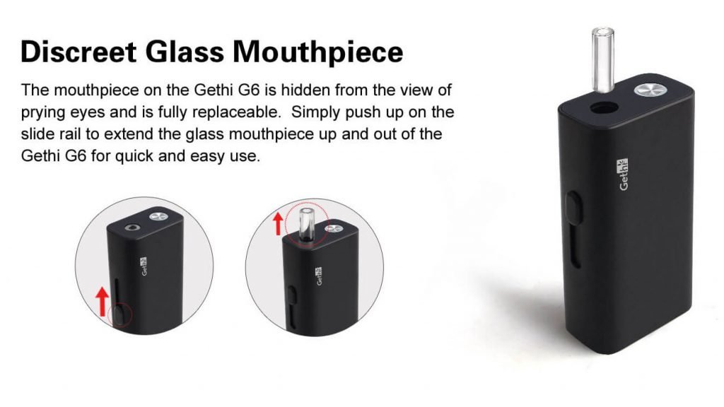 Airistech Gethi G6 dry herb vaporizer showing telescoping mouthpiece