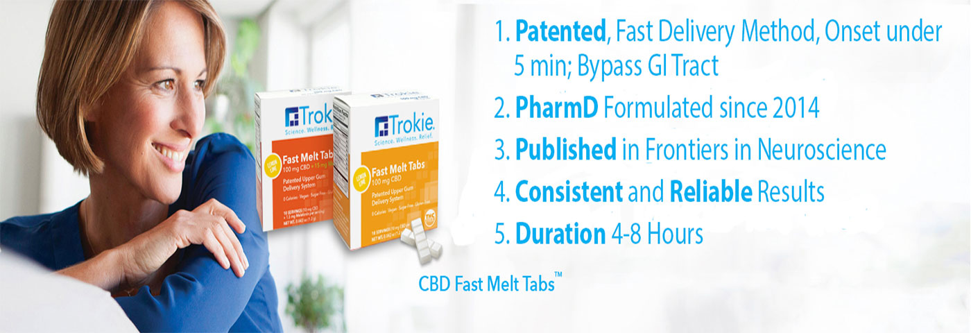 Trokie 10mg CBD Fast Melt Tabs that melt away pain with highest bio-availability and highest absorption rate