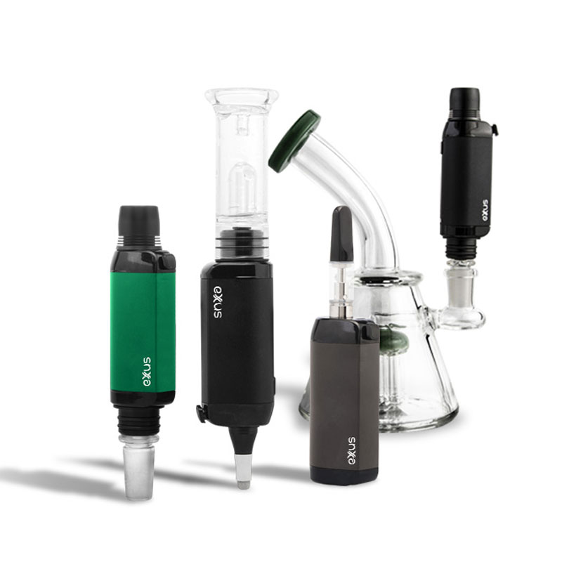 Lord Vaper Pens Exxus Push VRS a 3 in 1 dab rig nectar collector and cartridge vape shown with all attachments