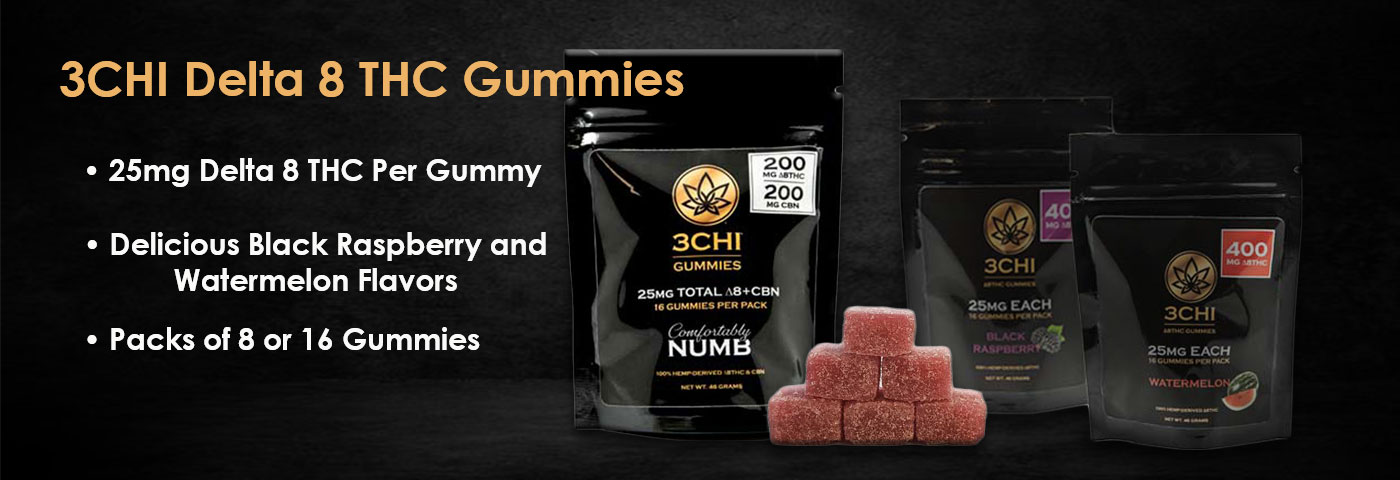 3Chi Delta 8 THC gummies in packs of 8 or 16. Delicious black raspberry and watermelon flavors.