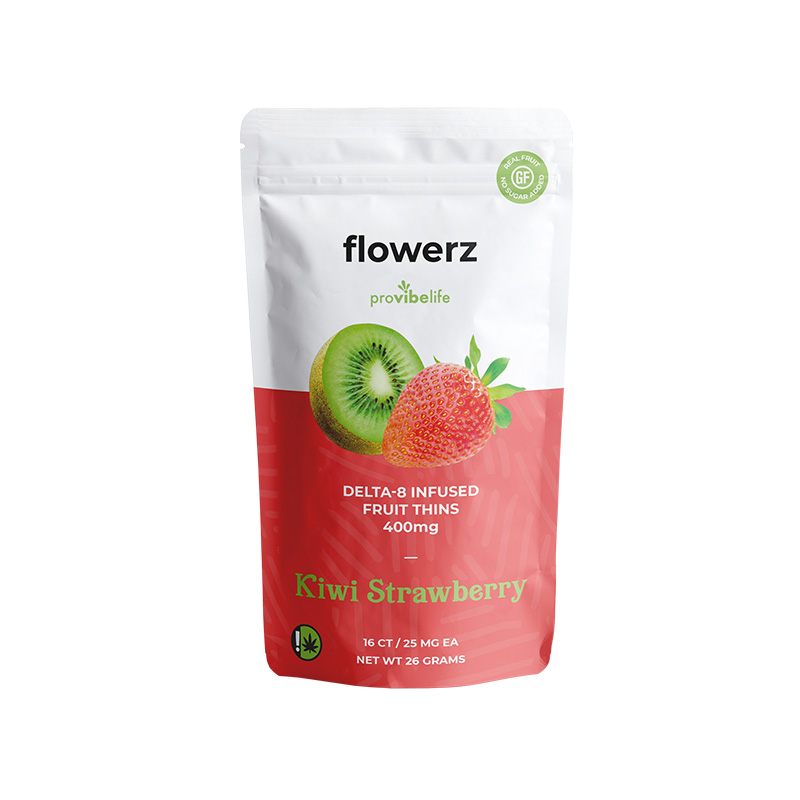 Flowerz Delta 8 THC fruit thins in 25mg servings with Kiwi Strawberry flavor