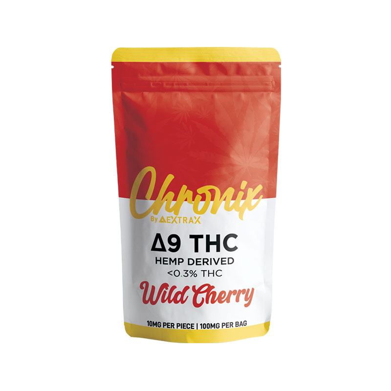 Delta Extrax Delta 9 THC gummies in 10mg servings with Wild Cherry flavor
