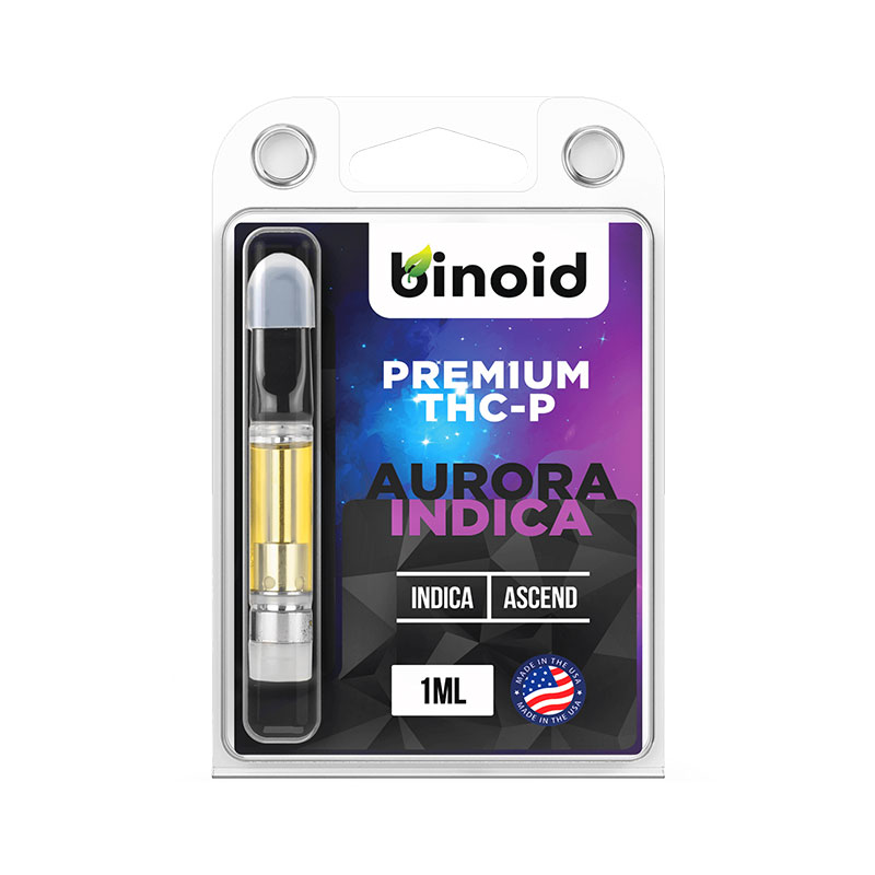 Binoid THC-P vape cartridge with Aurora Indica strain profile in 1ml size