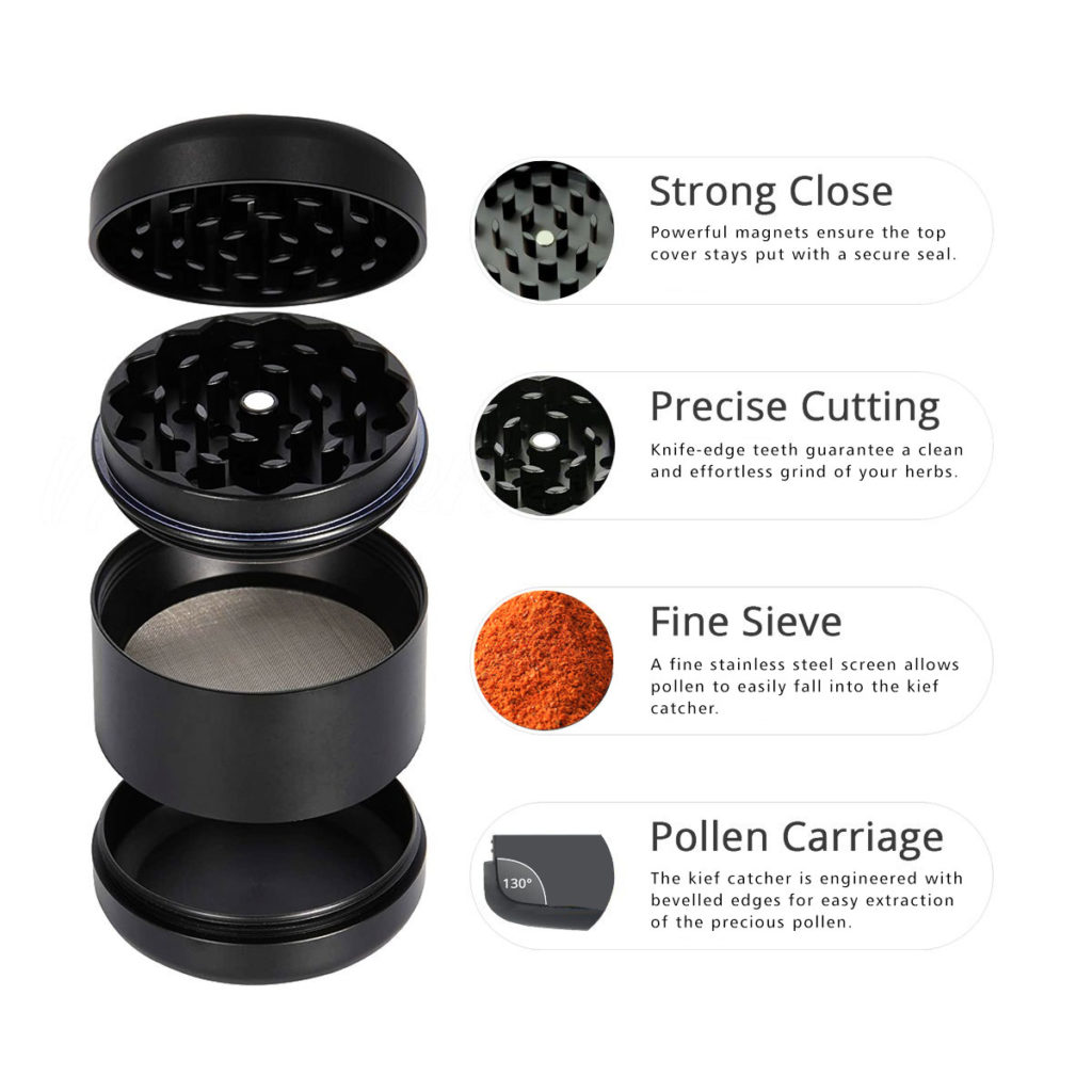 Cipher G1 4pc herb grinder showing each piece separated and described