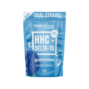 Strange Clouds Happi 50mg HHC+Delta-10 gummies in Blissful Blue Raz flavor in a 30-pack