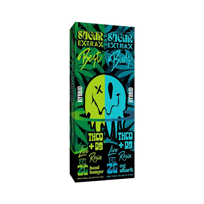 Delta Extrax Live Resin THC-0 + Delta-9 Disposable vapes in a 2-pack with Headbanger and OG Shark strain profile in 2ml size