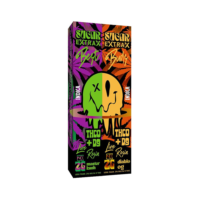 Delta Extrax Live Resin THC-0 + Delta-9 Disposable vapes in a 2-pack with Master Kush and Diablo OG strain profile in 2ml size