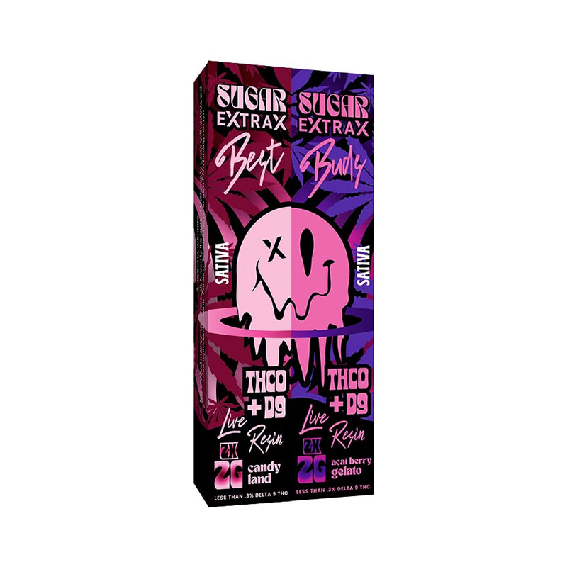 Delta Extrax Live Resin THC-0 + Delta-9 Disposable vapes in a 2-pack with Candyland and Acai Berry Gelato strain profile in 2ml size