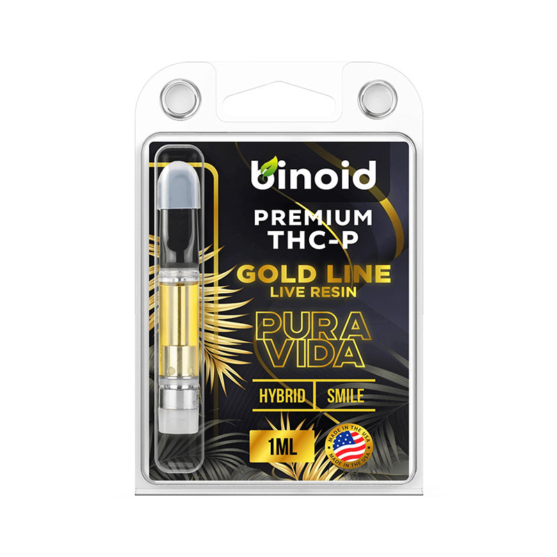 Binoid THC-P live resin vape cartridge with Pura Vida hybrid strain profile in 1ml size