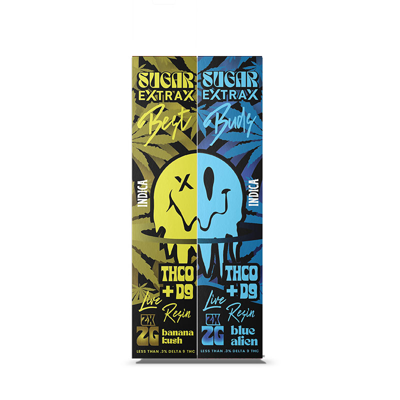 Sugar Live Resin THC-0 + Delta-9 Disposable vapes in a 2-pack with Banana Kush and Blue Alien strain profile in 2ml size