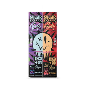 Sugar Live Resin THC-0 + Delta-9 Disposable vapes in a 2-pack with Mystery and Strawberry & Cream strain profile in 2ml size