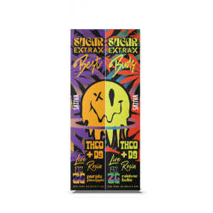 Sugar Live Resin THC-0 + Delta-9 Disposable vapes in a 2-pack with Purple Pineapple and Rainbow Belts strain profile in 2ml size