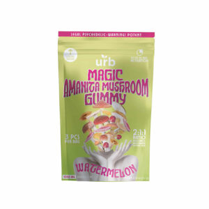 Urb Amanita Magic Mushroom Gummies with Watermelon flavor in a 3pk