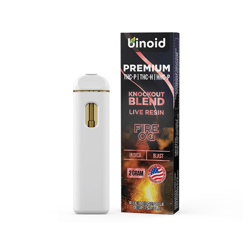 Binoid Knockout Blend Live Resin disposable formulated with THC-P, THC-H and HHC-P with a heavy Indica Fire OG strain profile in 2g size