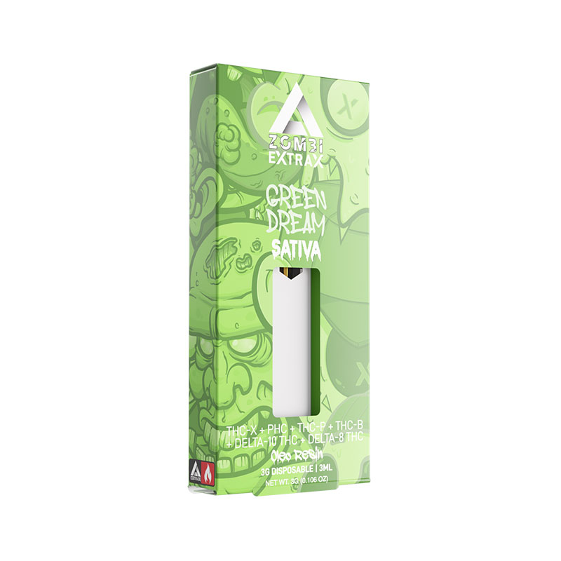 Zombi Extrax Oleo Resin Disposable vape with Delta 8, PHC, Delta 10, THC-X, THC-B, and THC-P with Green Dream strain profile in 3ml size