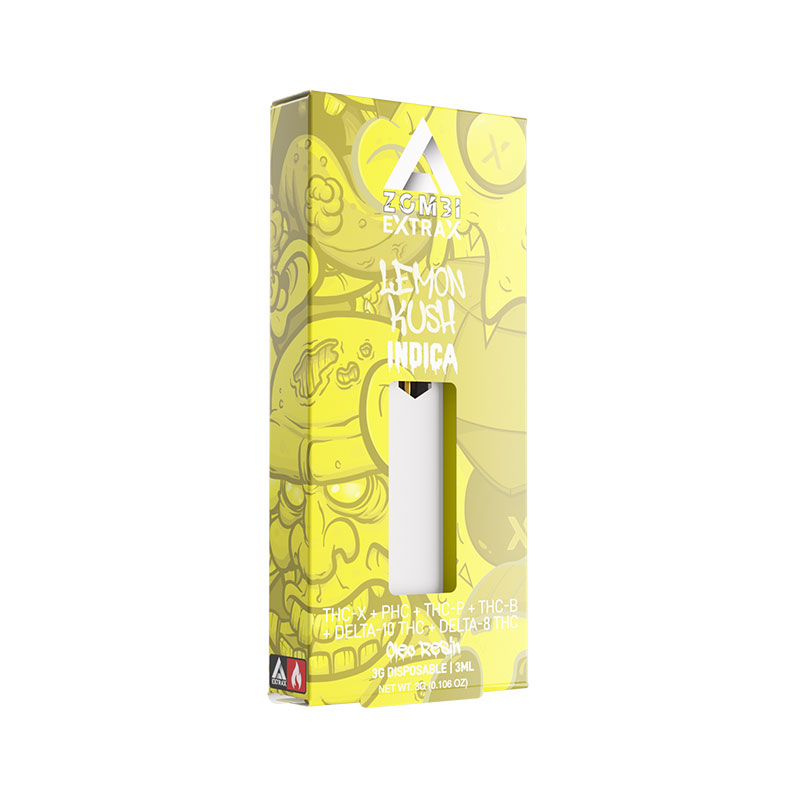 Zombi Extrax Oleo Resin Disposable vape with Delta 8, PHC, Delta 10, THC-X, THC-B, and THC-P with Lemon Kush strain profile in 3ml size