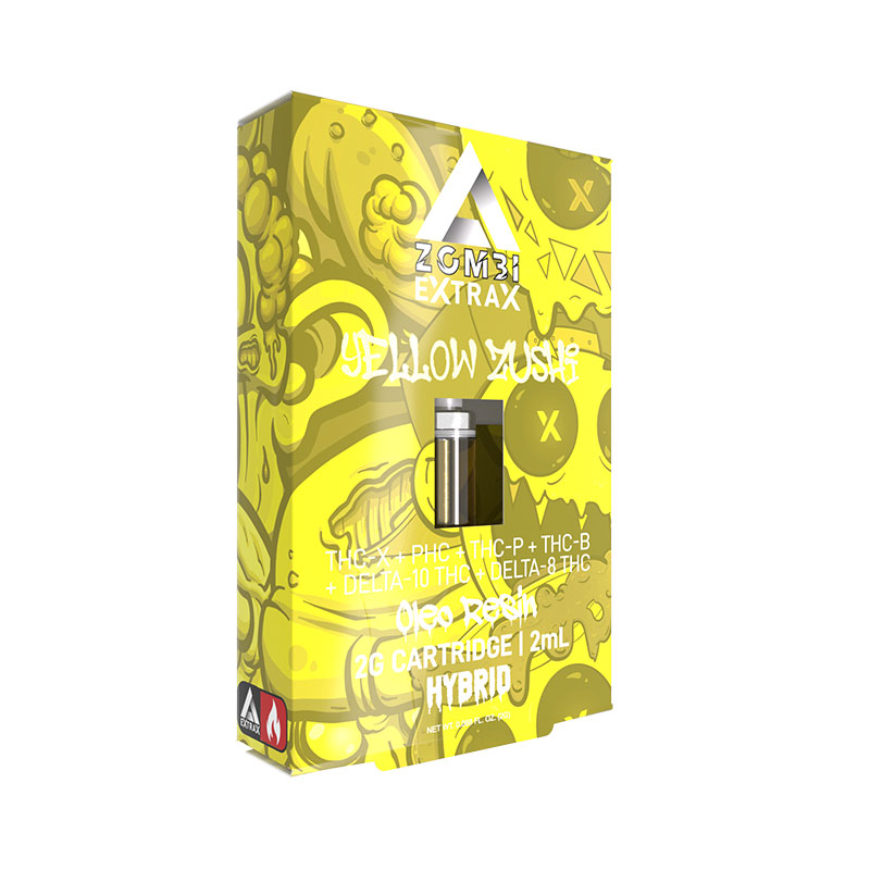 Zombi Extrax Oleo Resin vape cartridge with Delta 8, PHC, Delta 10, THC-X, THC-B, and THC-P with Yellow Zushi strain profile in 2ml size