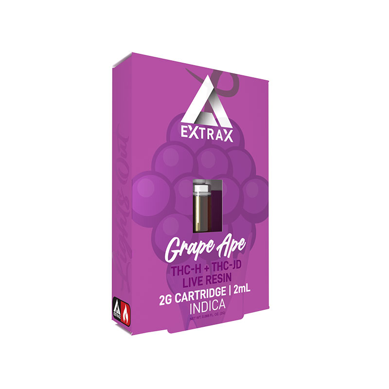 Delta Extrax THCh THCjd THCp Live Resin vape cartridge with Grape Ape strain profile in 2ml size