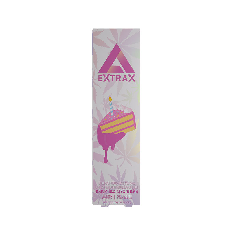 Delta Extrax THCjd Live Resin Preheat Disposable vape with Birthday Cake strain profile in 3.5ml size