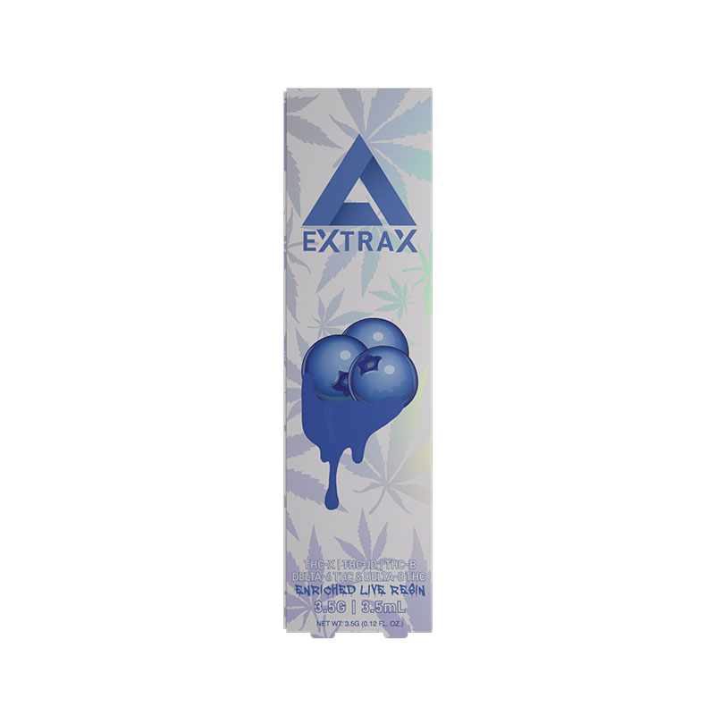 Delta Extrax THCjd Live Resin Preheat Disposable vape with Blueberry Kush strain profile in 3.5ml size