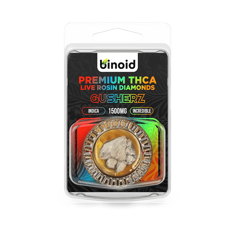 Binoid THCA live rosin diamond wax dabs in a gusherz strain profile in 1.5g size