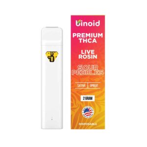 Binoid THCA live rosin disposable pen with Sour Pebbles strain profile in 2g size