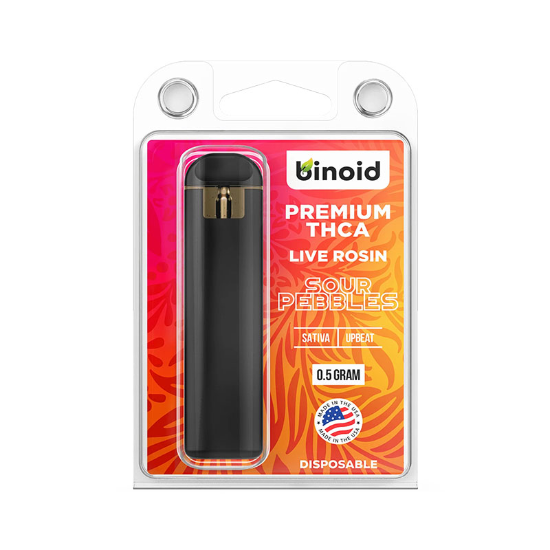 Binoid THCA live rosin disposable pen with Sour Pebbles strain profile in 0.5g size