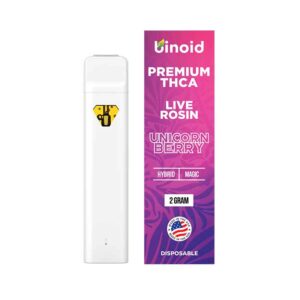 Binoid THCA live rosin disposable pen with Unicorn Berry strain profile in 2g size