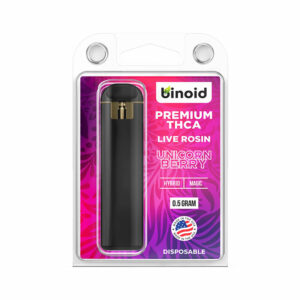 Binoid THCA live rosin disposable pen with Unicorn Berry strain profile in 0.5g size