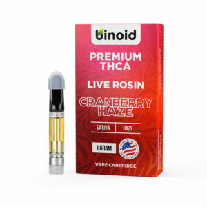 Binoid THCA live rosin vape cartridge with Cranberry Haze strain profile in 1g size