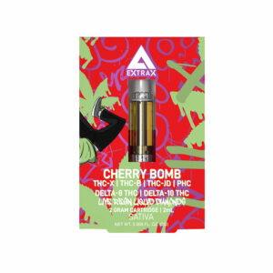 Delta Extrax THC-X THC-B PHC Live Resin vape cartridge with Cherry Bomb strain profile in 2ml size