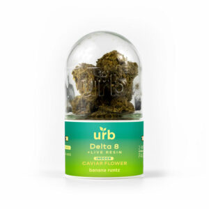 Urb delta-8 THC indoor caviar CBG hemp flower coated in kief with a Banana Runtz strain profile