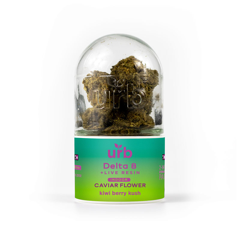 Urb delta-8 THC indoor caviar CBG hemp flower coated in kief with a Kiwi Berry Kush strain profile