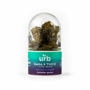 Urb Delta-9 caviar CBG hemp flower coated in kief with a Forbidden Gusher strain profile