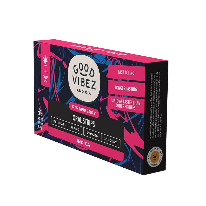 Good Vibez And Co Delta-8 + THC-P 25mg sublinguals for the ultimate in bio-availability and longer-lasting effects. Strawberry is formulated with Indica strain effects.