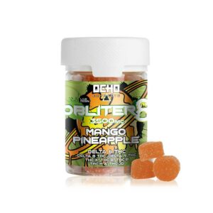 Ocho Extracts Obliter8 175mg Mango Pineapple flavored gummies with Deta-6, Delta-8, Delta-9, THC-X, THC-B, THC-P, THC-H, THCjd and live resin.