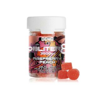 Ocho Extracts Obliter8 175mg Raspberry Peach flavored gummies with Deta-6, Delta-8, Delta-9, THC-X, THC-B, THC-P, THC-H, THCjd and live resin.