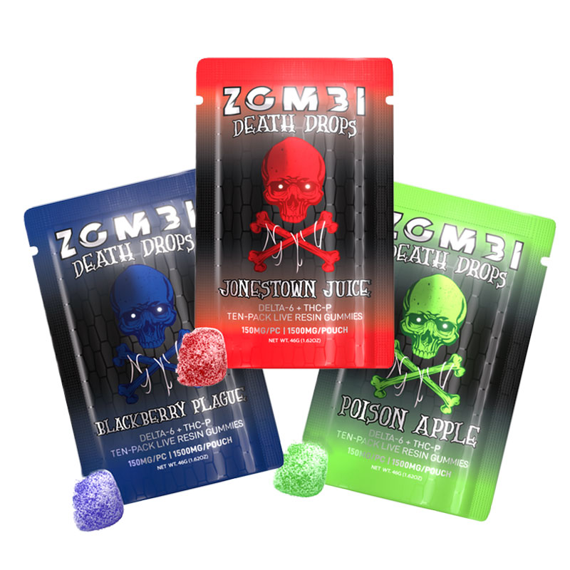 Zombi Death Drop gummies Delta-6 + THC-P with live resin terpenes blended into a potent 150mg formulation with three delicious flavors.