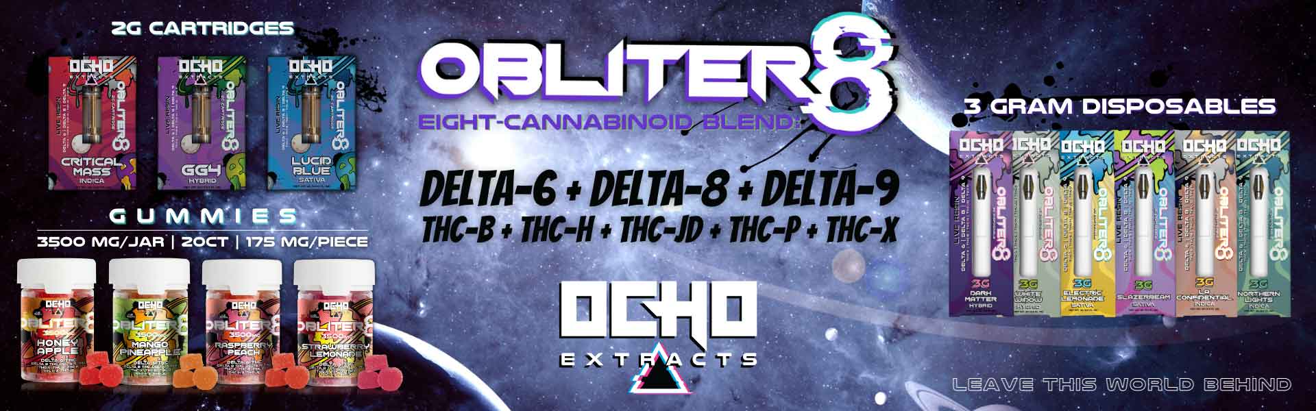 Ocho Extracts Obliter8 line of disposables, vape cartridges and gummies with 8-cannabinoids.