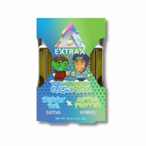 Delta Extrax THCA + Delta-9P Live Resin 2g duo vape cartridges with Berry Pie and Apple Fritter strain profiles