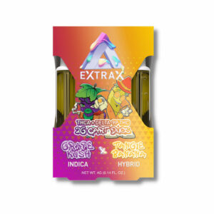 Delta Extrax THCA + Delta-9P Live Resin 2g duo vape cartridges with Grape Kush and Tangie Banana strain profiles