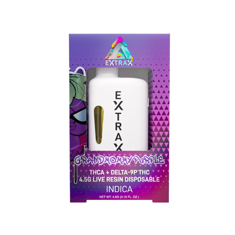 Delta Extrax THCA + Delta-9P Live Resin Disposable vape with Grandmommy Purple strain profile in 4.5ml size