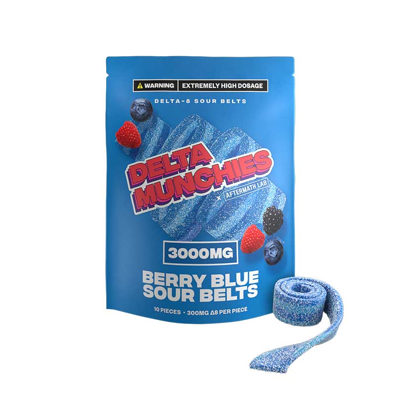 Delta Munchies delta 8 3000mg sour belts in berry blue flavor with 25mg per gummy