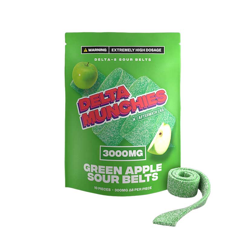 Delta Munchies delta 8 3000mg sour belts in green apple flavor with 25mg per gummy