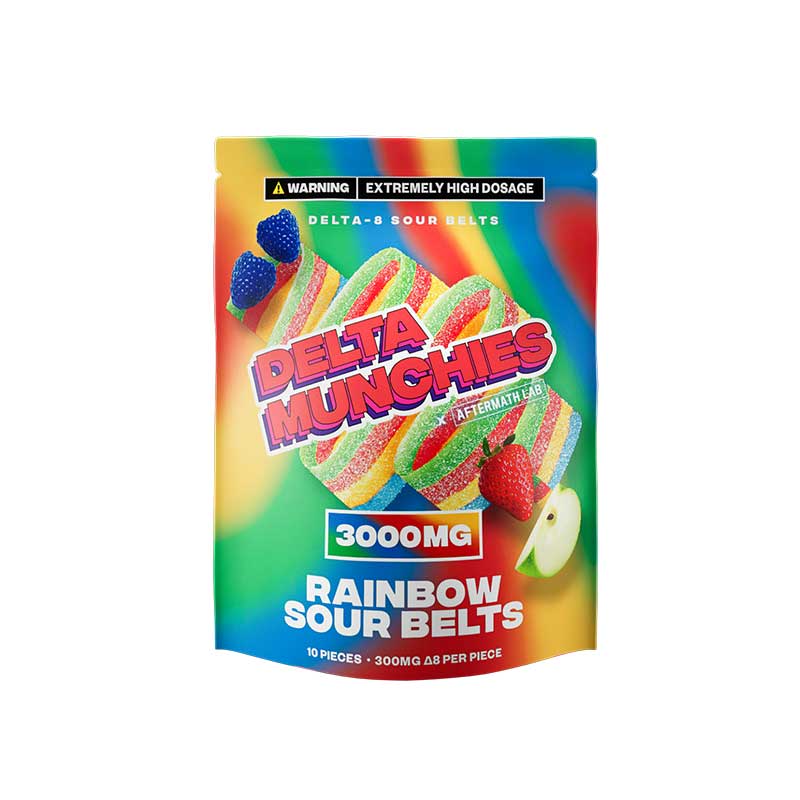 Delta Munchies delta 8 3000mg sour belts in rainbow flavor with 25mg per gummy
