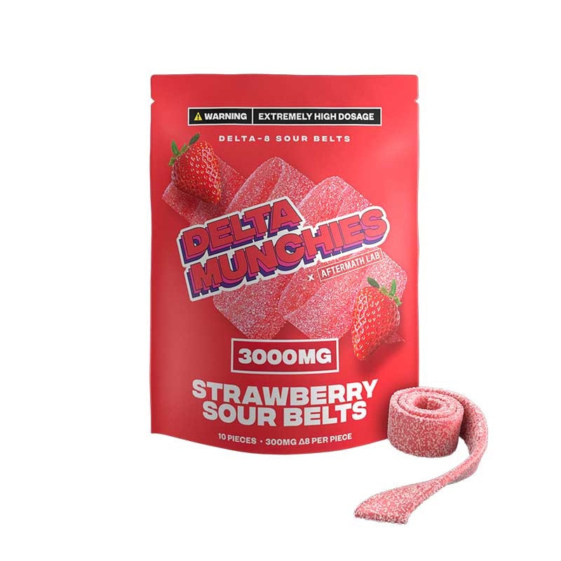 Delta Munchies delta 8 3000mg sour belts in strawberry flavor with 25mg per gummy