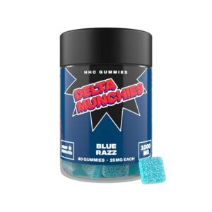 Delta Munchies HHC 1000mg gummies in blue razz flavor with 25mg per gummy