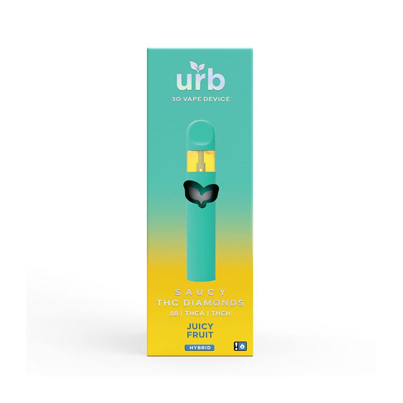 Urb saucy diamonds Delta 8 + THCa + THC-H + Live Resin Disposable vape with Juicy Fruit (Hybrid) terpenes in 3g size