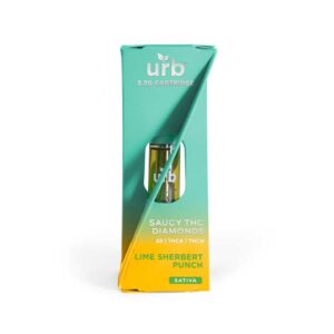 Urb saucy diamonds Delta 8 + THCa + THC-H + Live Resin vape cartridge with Lime Sherbert Punch (Sativa) terpenes in 2.2g size