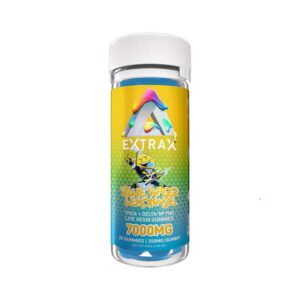 Delta Extrax Adios Blend 7000mg gummies with THCA + Delta-9P + Delta-8 THC Live Resin in 350mg servings with Blue Razz Lemonade flavor
